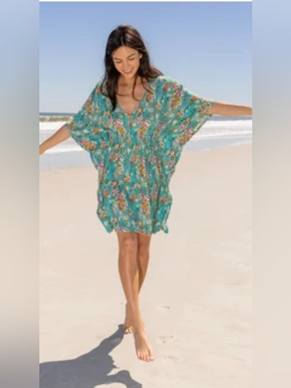 Natural Life Sanibel Kaftan Mini Dress in the "Turquoise Floral" pattern. Size m